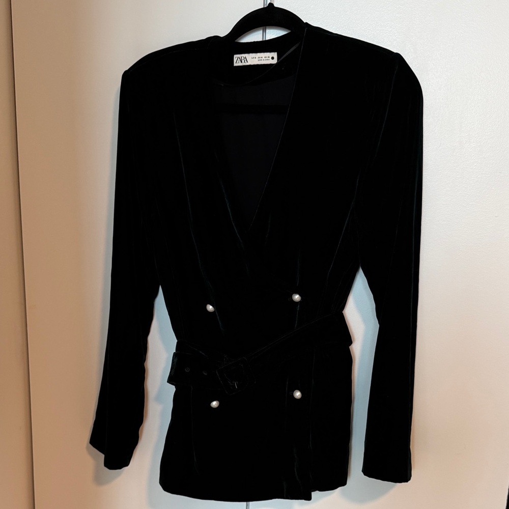 Zara deep Green Velvet Double-Breasted Blazer